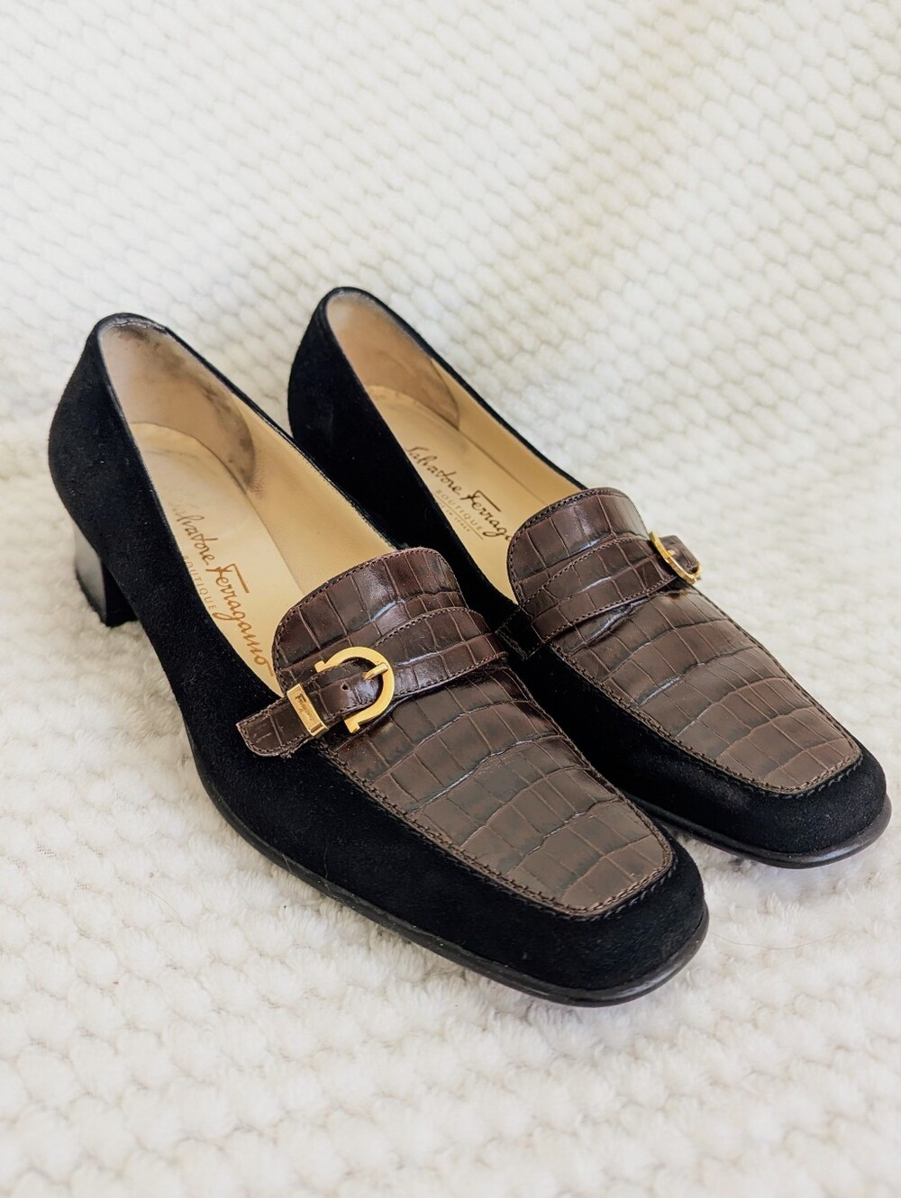 Salvatore Ferragamo Croc Embossed Leather Velvet Kitten Heel Loafers Gold buckle